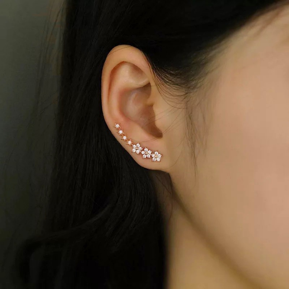 Cherry Blossom Diamond Climber/Crawler Floral Gold Dainty Wedding Gift Earrings - Picture 7 of 8
